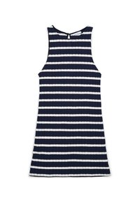 Navy- und weiß gestreiftes ärmelloses Kleid mit rundem Ausschnitt und Schlüssellochdetail im Rücken. Texturierter Stoff mit schwingendem Saum.