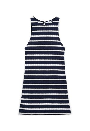 Abito senza maniche a righe blu navy e bianche con scollatura rotonda e dettaglio a chiave sulla schiena. Tessuto texturizzato con orlo a campana.