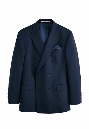 Double-breasted navy blue blazer with notch lapels, six front buttons, two flap pockets, and a matching blue pocket square.
