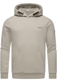 Beige hoodie gemaakt van zachte stof met een kangoeroezak, een capuchon met trekkoord en geribde manchetten. Kenmerkt zich door minimale branding op de borst.