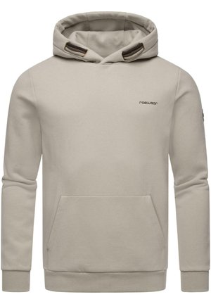 Beige Kapuzenpullover aus weichem Stoff mit einer Kängurutasche, einer Kordelzugkapuze und gerippten Bündchen. Verfügt über eine minimalistische Markenkennzeichnung auf der Brust.