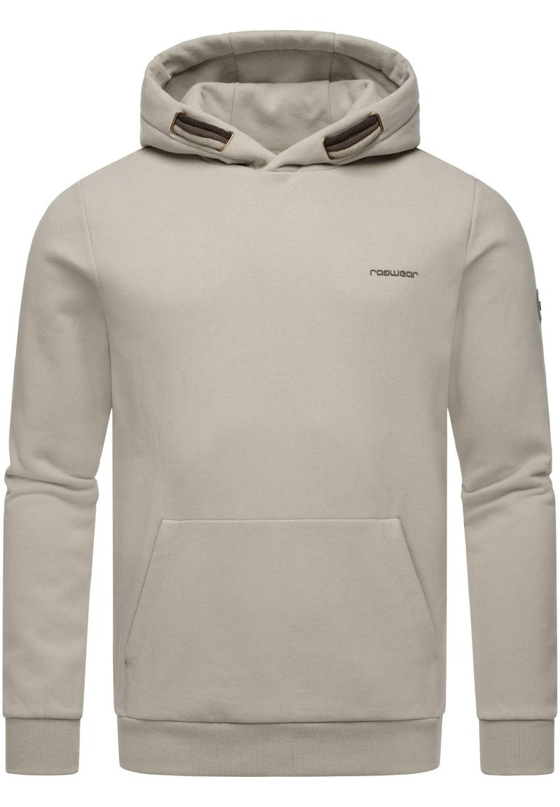 Beige hoodie gemaakt van zachte stof met een kangoeroezak, een capuchon met trekkoord en geribde manchetten. Kenmerkt zich door minimale branding op de borst.