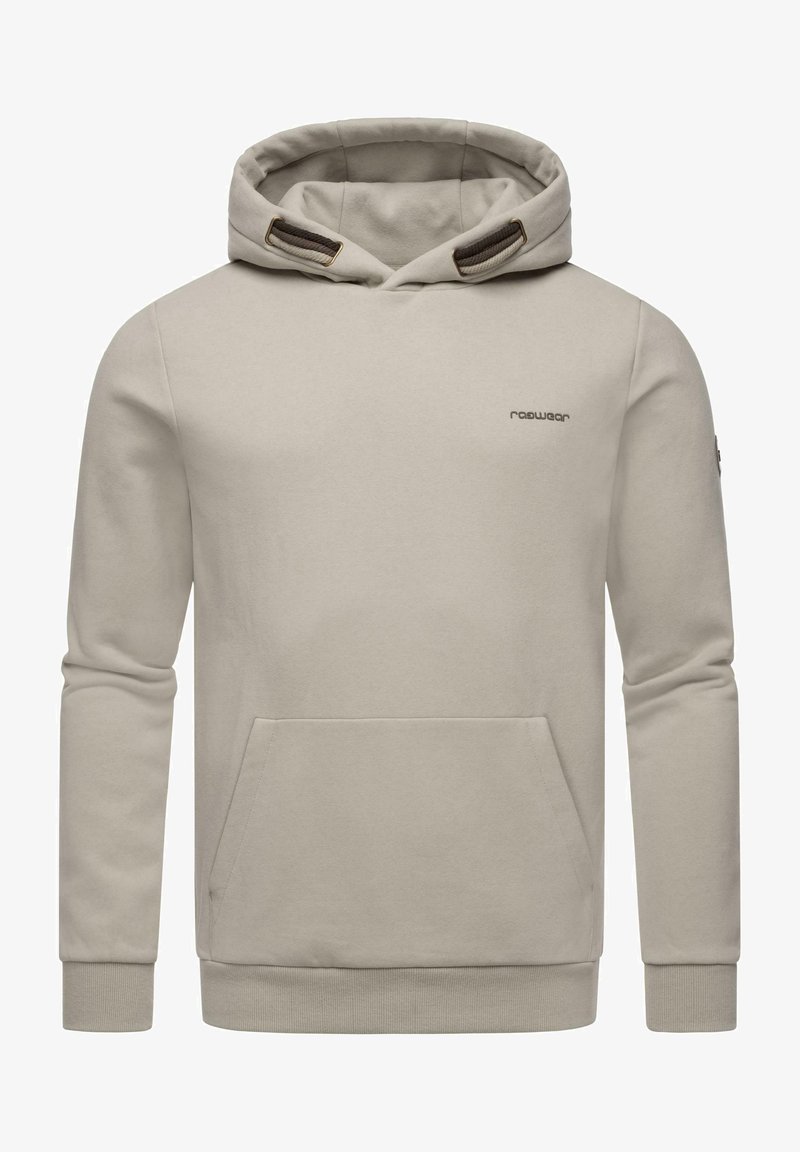 Beige hoodie made of soft fabric with a kangaroo pocket, drawstring hood, and ribbed cuffs. Features minimal branding on the chest.
