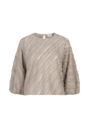 Beige blouse van textiel met een gestructureerde stof, voorzien van diagonale franjestripes, een ronde halslijn en ballonslouwen. Sleutelgatopening aan de achterkant.