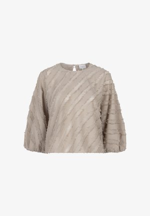 Beige blouse van textiel met een gestructureerde stof, voorzien van diagonale franjestripes, een ronde halslijn en ballonslouwen. Sleutelgatopening aan de achterkant.