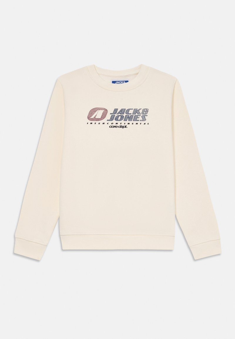 Sweatshirt creme com mangas longas, apresentando um logótipo gráfico proeminente em azul escuro e bordeaux. Textura suave, gola redonda, punhos canelados.