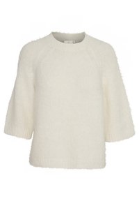 Maglione bianco con trama e finitura soffice e lanuginosa. Presenta una scollatura tonda e maniche raglan lunghe fino al gomito. Design semplice.