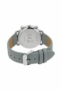 Silberner Edelstahlrückenteil-Uhren mit einem hellgrauen Lederarmband, das eine Metallschnalle und mehrere Einstellungslöcher aufweist. Wasserdichtes Design.