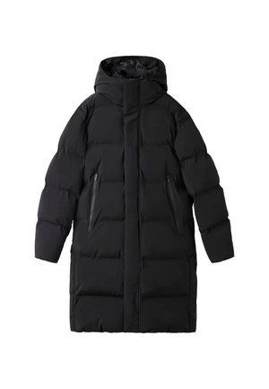 Schwarze Pufferjacke mit hohem Kragen und Kapuze. Verfügt über Reißverschlusstaschen an den Seiten, eine steppte Textur und eine gerade Silhouette.