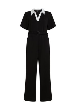 Μαύρος ολόσωμος σορτς με κοντά μανίκια, λευκό γιακά, φερμουάρ μπροστά, ζώνη στη μέση και πλατιά ποδόγαμπα, κατασκευασμένος από λείο ύφασμα. Παρέχει λεπτομέρεια λογότυπου.