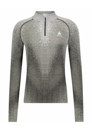Langärmliges, graues Zip-up-Oberteil mit strukturiertem Muster und einem Viertel-Reißverschluss am Hals. Das Material wirkt weich und figurbetont.