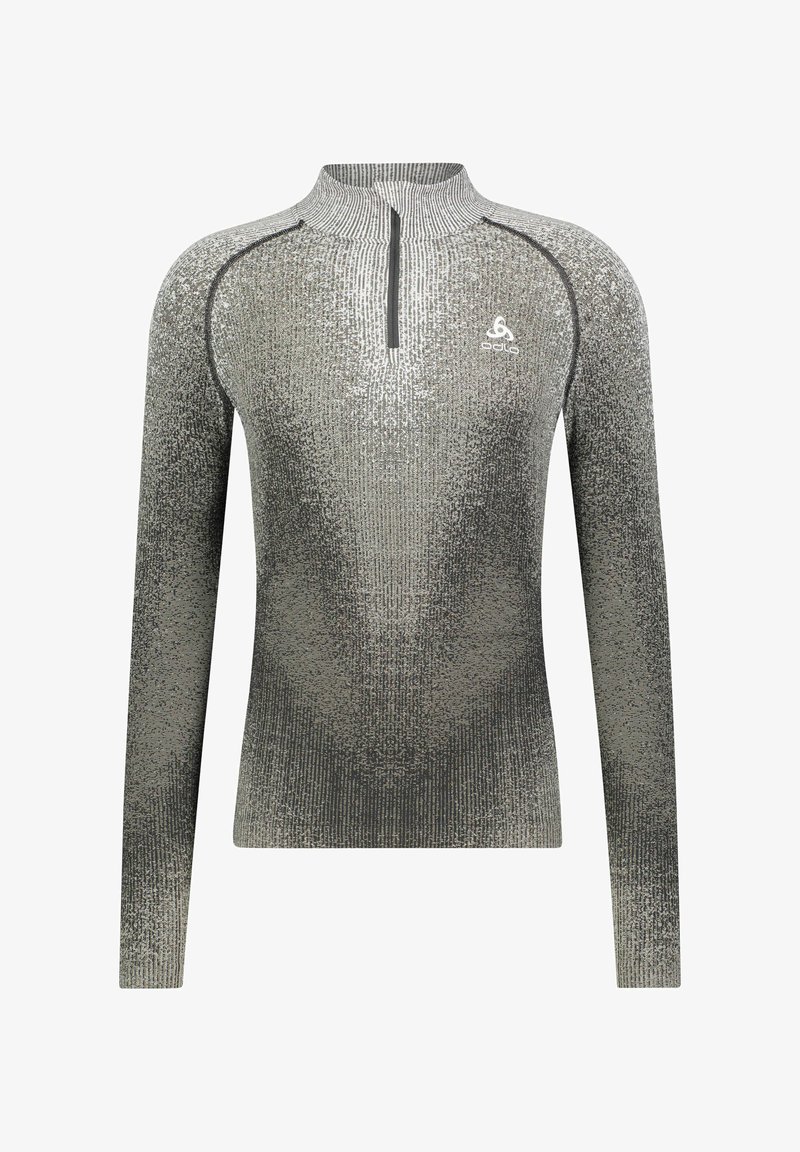 Camisola de manga longa cinza, com fecho de correr, apresentando um padrão texturizado e um fecho de correr de comprimento curto no pescoço. O material parece suave e ajustado.