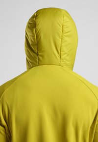 Gelbe Kapuzenjacke mit einer gepolsterten, gesteppten Optik. Glatte Textur und taillierte Form, mit Nahtlinien über dem Rücken und den Schultern.