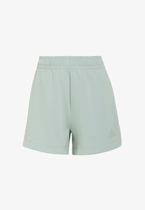 Shorts gris clair à taille élastique avec un petit logo Adidas sur la jambe inférieure gauche, présentés sur un fond blanc.