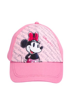 Pink baseball cap featuring a cartoon mouse graphic, with a solid front panel and a patterned crown displaying "Disney 100" text.