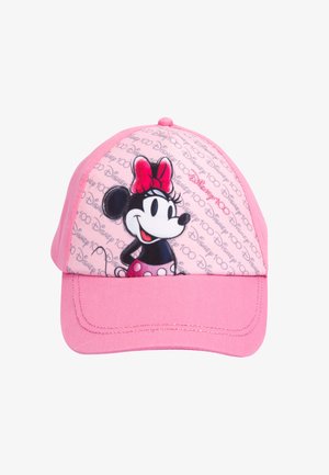 Pink baseball cap featuring a cartoon mouse graphic, with a solid front panel and a patterned crown displaying "Disney 100" text.