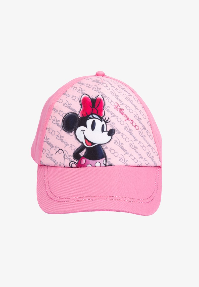 Pink baseball cap featuring a cartoon mouse graphic, with a solid front panel and a patterned crown displaying "Disney 100" text.