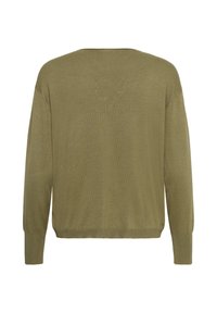 Pull uni vert olive à manches longues avec poignets et ourlet côtelés, montré de dos sur fond blanc.