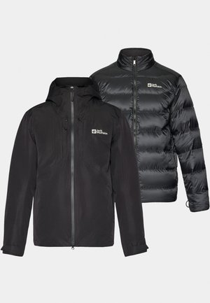 Two black jackets side by side: a water-resistant outer layer with a hood and zip closure, and a puffy insulated jacket with high collar.
