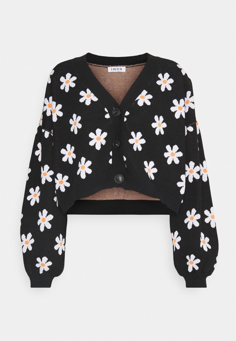 Cardigan noir court avec motifs de marguerites blanches aux centres orange, col en V, boutons sur le devant et manches longues bouffantes.