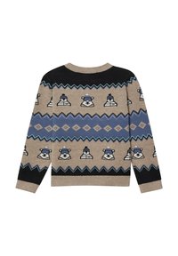 Sweter dziany z beżowym tłem, czarnymi ramionami i niebieskimi akcentami, wzorzysty z motywem niedźwiedzi polarnych i zygzaków.