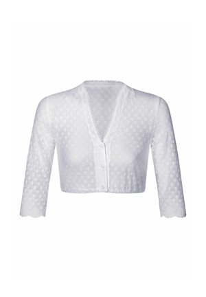 Weisse, kurze Spitzenstrickjacke mit dreiviertel Ärmeln, Knopfleiste vorne und wellenförmigen Ärmelsäumen.