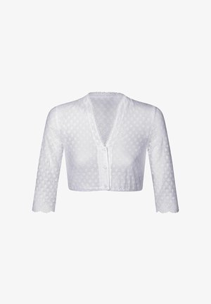 Weisse, kurze Spitzenstrickjacke mit dreiviertel Ärmeln, Knopfleiste vorne und wellenförmigen Ärmelsäumen.