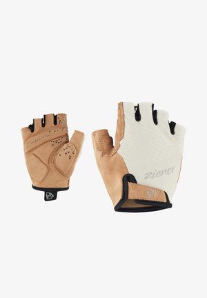 Pair of fingerless cycling gloves in beige and white with padded palms and Velcro wrist closures.