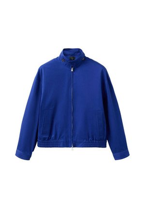 Veste bleue zippée avec col haut, deux poches avant, manches longues et taille élastique, présentée sur fond blanc.