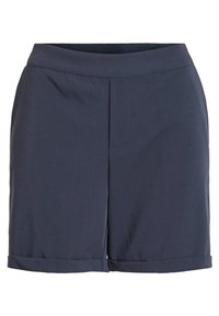 Shorts bleu marine en tissu lisse, avec une coupe droite, une taille plate et un ourlet retroussé avec des détails de couture minimes.