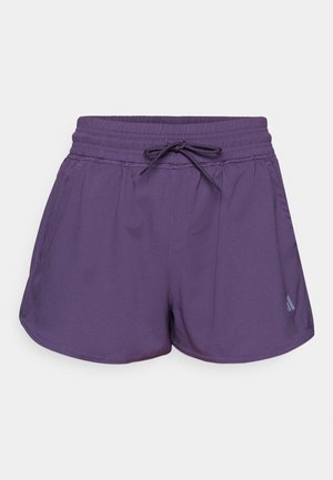 Purple athletic shorts with an elastic waistband, drawstring closure, and side pockets. Features a subtle logo on the lower hem.