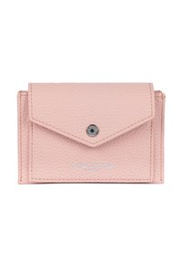 Petit portefeuille rectangulaire en cuir rose à surface texturée, bouton-pression argenté et "LANCASTER PARIS" embossé à l'avant.