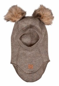 Cappello in feltro marrone con orecchie in pelliccia sintetica. Presenta un'apertura rotonda per il collo e una piccola etichetta in pelle con logo. Texture morbida e design senza cuciture.
