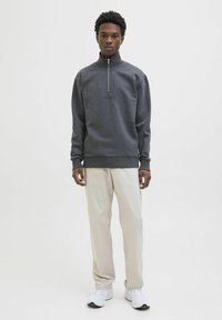 Gray zip-up sweatshirt with high collar, elastic cuffs, and hem; paired with light beige pants and white sneakers. Model standing against a white background.