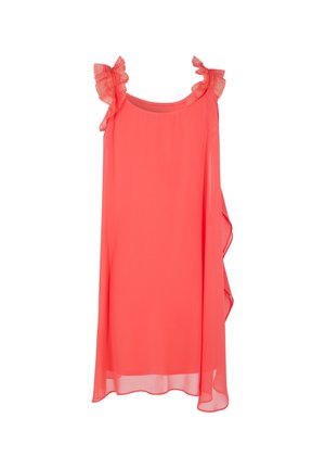 Korallenrotes ärmelloses Kleid aus leichtem Stoff, mit Rüschen-Spaghettiträgern und asymmetrischem Saum für eine fließende Silhouette.