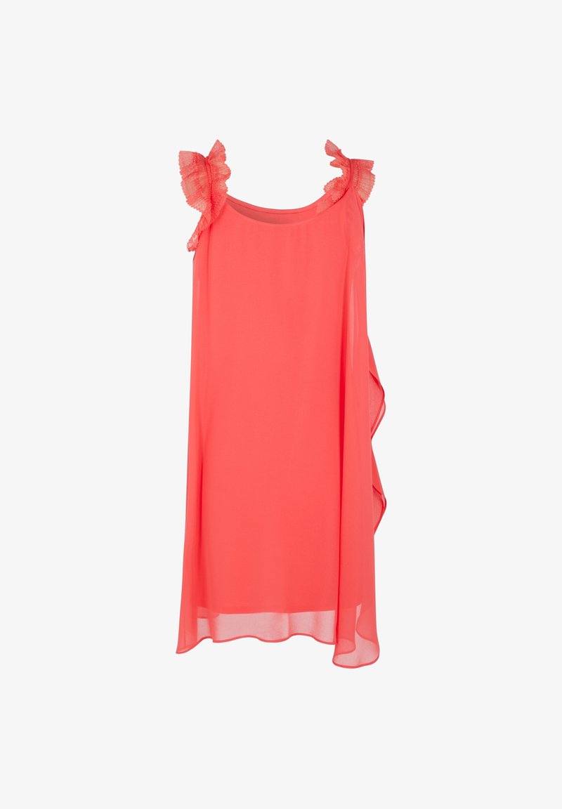 Robe corail sans manches en tissu léger, dotée de bretelles en dentelle volantée et d'un ourlet asymétrique pour une silhouette fluide.