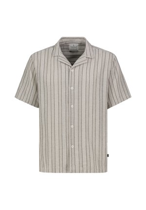 Herren-Kurzarmhemd mit vertikalen schwarzen und beigen Streifen und Camp-Kragen auf weißem Hintergrund.
