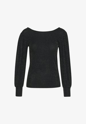 Haut noir à manches longues en tissu texturé avec des éclats métalliques dorés. Il présente un décolleté large et des manches bouffantes.