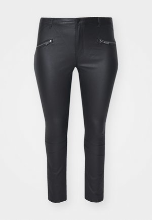 Black leather-like pants featuring a slim fit, zippered front pockets, and thin horizontal seams near the ankles. Smooth texture throughout.