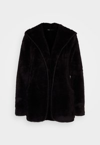 Zwarte faux fur jas met een brede kraag, open voorkant en zachte textuur. Voorzien van zijzakken en een gladde voering.