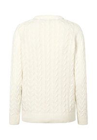 Cream-colored cable knit sweater with long sleeves and ribbed cuffs and hem, shown from the back on a white background.