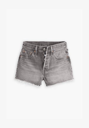 Gray denim shorts with a high waist, frayed hem, and five pockets. Features button closure and copper rivet accents.