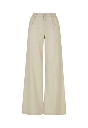 Beige wide-leg trousers made of woven fabric, featuring front pleats, a button closure, and a smooth texture. Straight hems.
