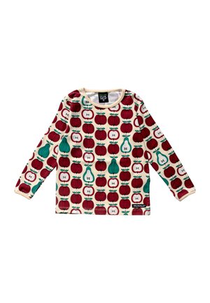 Pitkähihainen paita, jossa on vaalea pohja ja toistuva kuvio punaisista omenoista ja vihreistä päärynöistä. Valmistettu pehmeästä, joustavasta kankaasta.