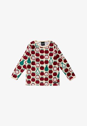 Koszula z długim rękawem o kremowym tle z powtarzającym się wzorem czerwonych jabłek i zielonych gruszek. Wykonana z miękkiej, elastycznej tkaniny.