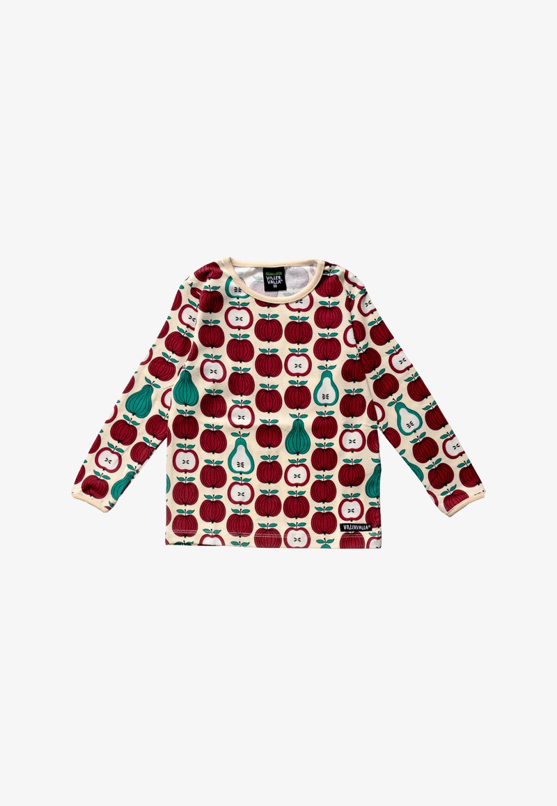 Langarmshirt met een crèmekleurige achtergrond en een herhaald patroon van rode appels en groene peren. Gemaakt van zachte, rekbare stof.