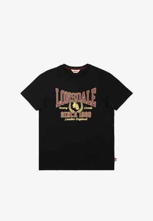 Schwarzes T-Shirt mit kurzen Ärmeln, vorne mit dem Schriftzug "LONSDALE Boxing Goods Since 1960 London England" und einem Boxhandschuhe-Motiv in Rot und Gelb.