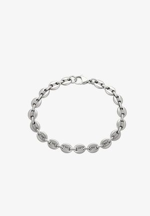 Silbernes Metallarmband mit ovalen Gliedern, das ein poliertes Finish aufweist und über einen Karabinerverschluss verfügt. Das Design ist symmetrisch und einheitlich.