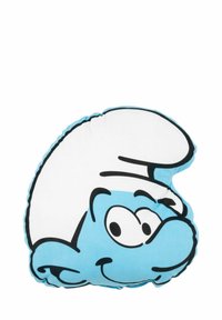 Cuscino di peluche blu a forma della testa di un personaggio dei cartoni animati, con un cappello bianco, contorni neri e un'espressione sorridente. Texture morbida.