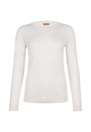 Biały sweter z długim rękawem, wykonany z lekkiego, gładkiego materiału. Posiada okrągły dekolt oraz ściągacze przy nadgarstkach, a jego krój jest delikatnie luźny.